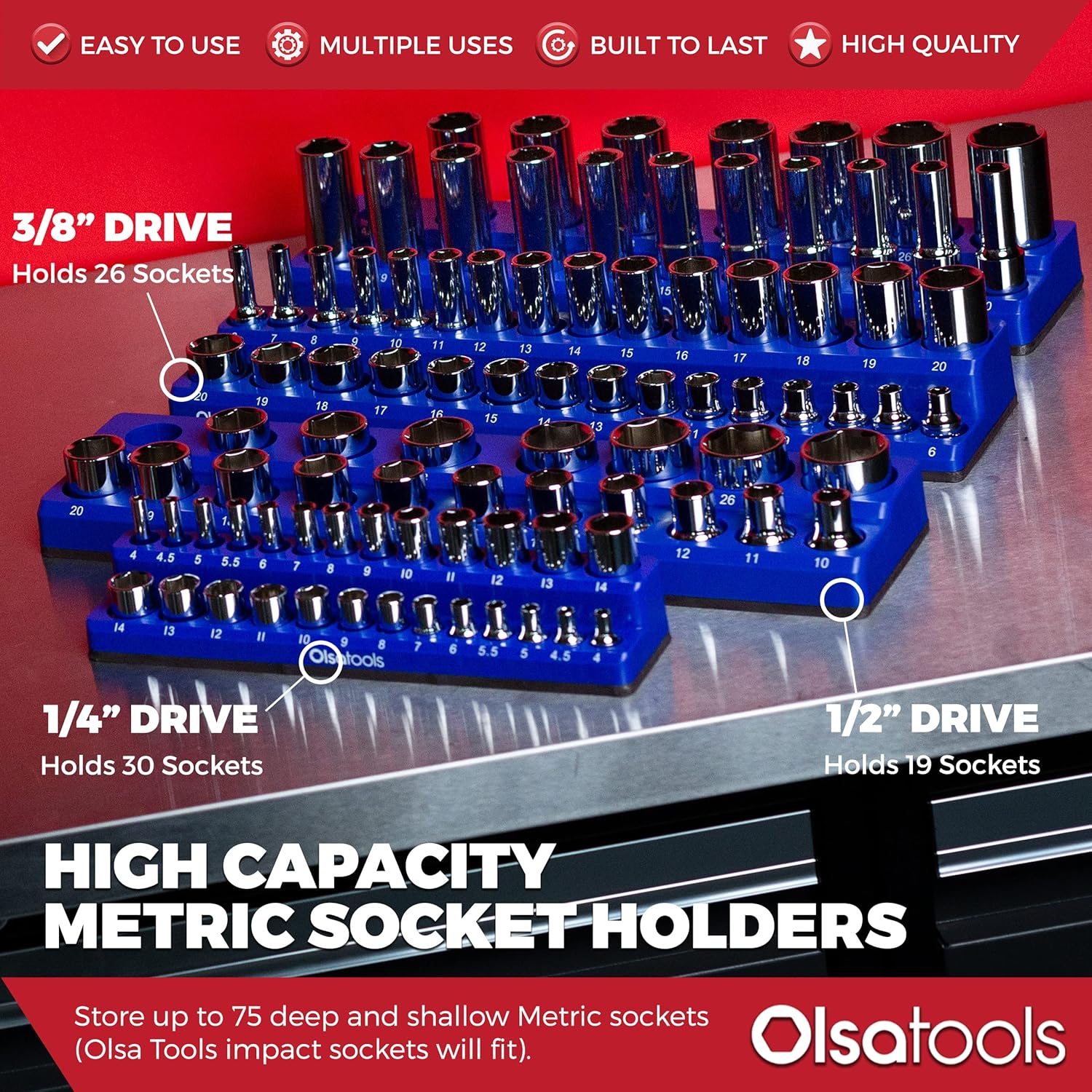 Olsa Tools Magnetic Socket Organizer | 3 Piece Socket Holder Kit | 1/2-Inch, 3/8-Inch, 1/4-Inch Drive | Metric Blue | Holds 75 Sockets | Professional-Grade