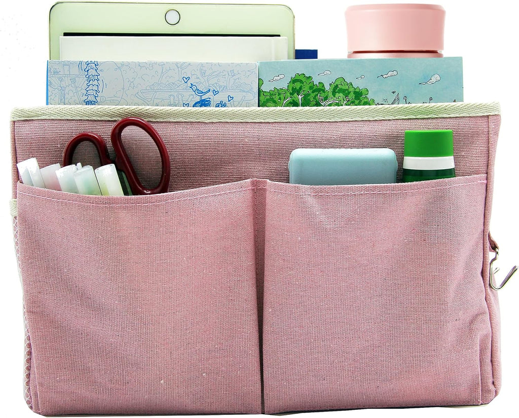 Bedside Caddy Bedside Hanging Storage Basket Multi-Function Organizer Caddy for Bunk and Hospital Beds College Dorms Bed Rails, The Magazine Holders Can be Placed Glasses Books Mobile Phones(Pink)