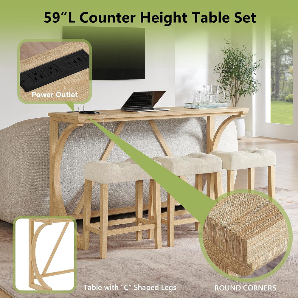 Merax 59 Inch Industrial Bar Table Set with Power Outlet, 3 Linen Upholstered...