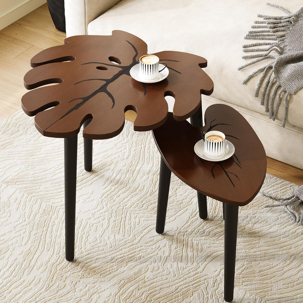 BAMEOS Monstera Leaf Nesting Tables Set of 2, Small Side Tables f Set with Le...