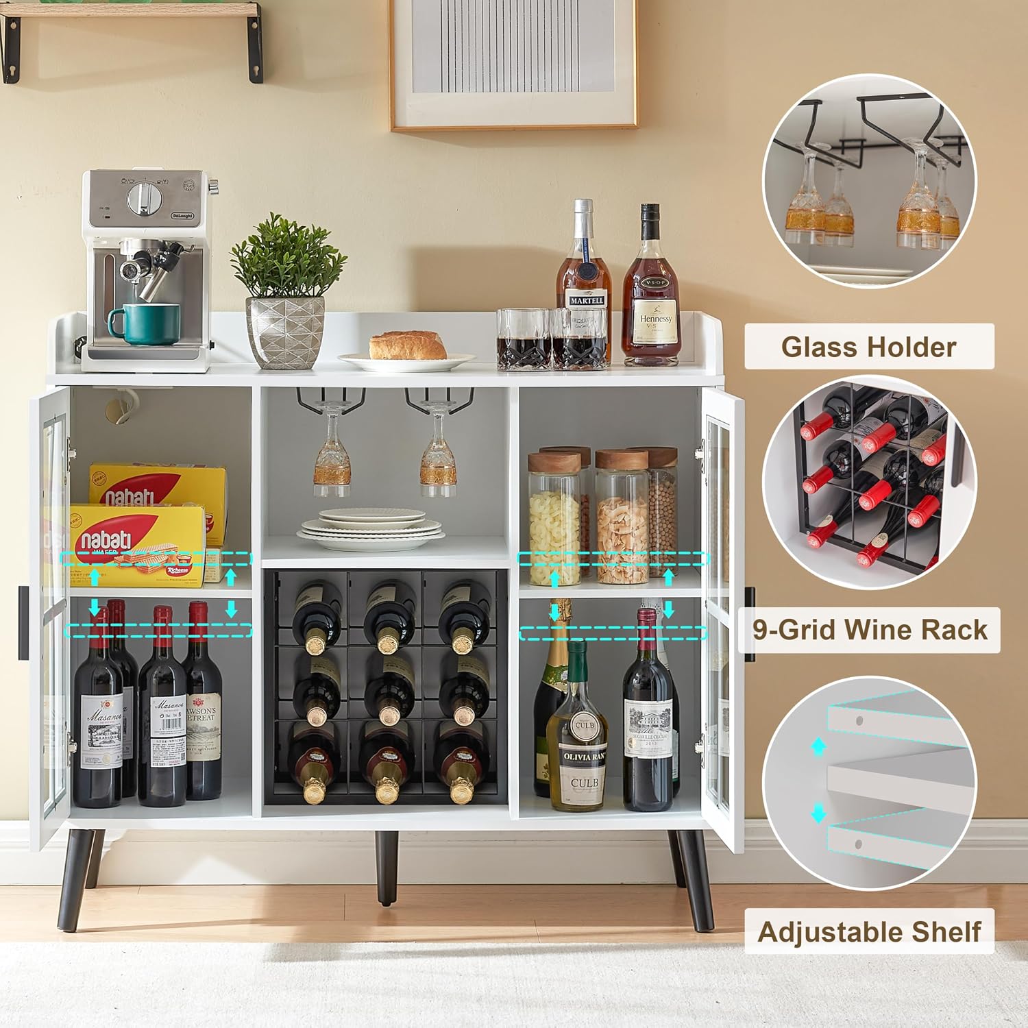 Alaxgumrol Wine Bar Cabinet with LED Light, Coffee Bar Cabinet with Storage and Outlet, Kitchen Buffet Sideboard with Wine Rack and Glass Holder, Modern Liquor Cabinets for Home Dining Room, White