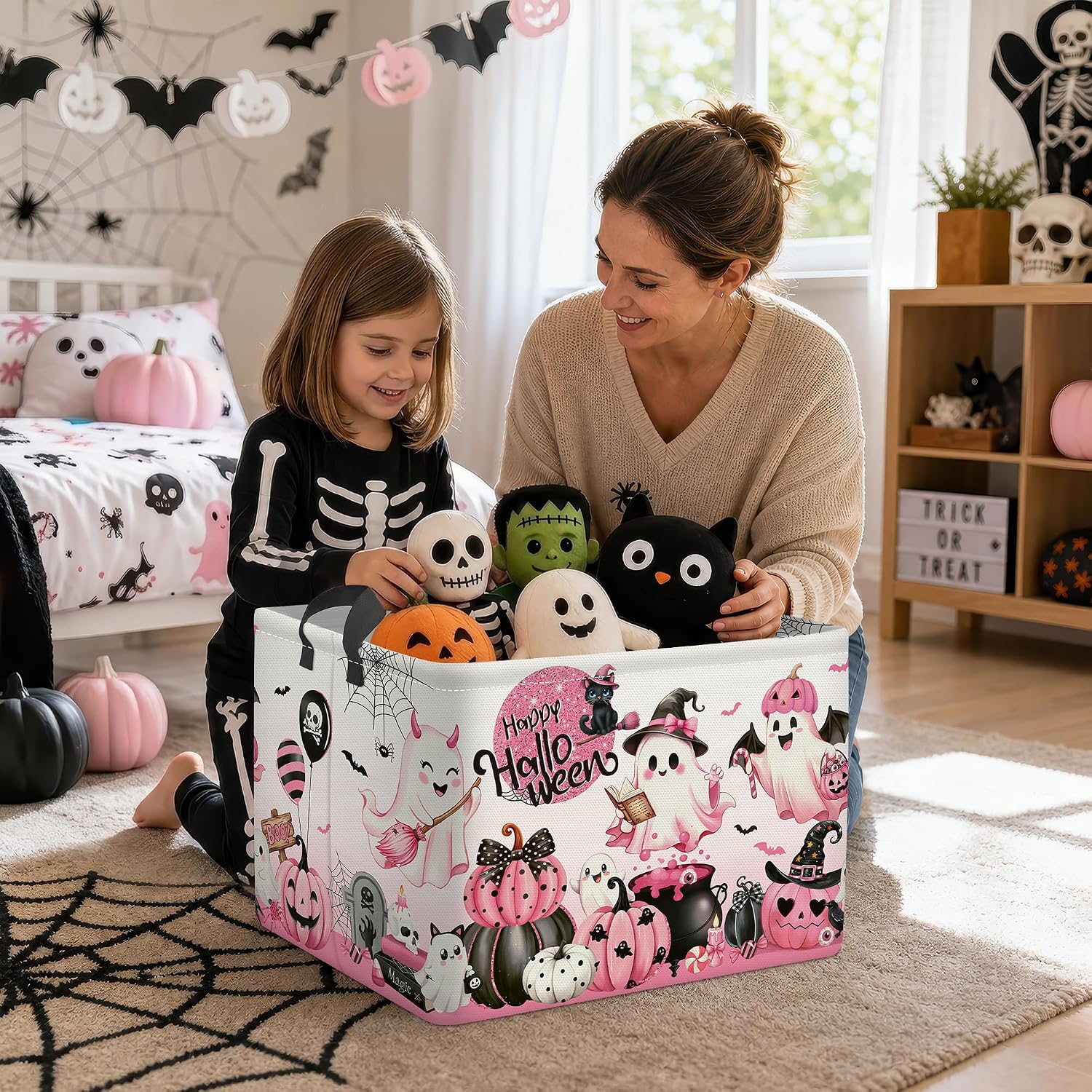 Clastyle Pink Halloween Spooky Basket Stuffers Nursery Kid Room Spide Bat Ghost Pumpkin Boo Basket Clothes Book Toy Storage Bin Box for Shelves, Cauldron, 40 * 30 * 30 cm