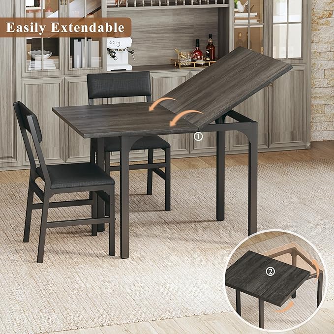 Dining Table Set for 4, Extendable Kitchen Table Cushion Chairs Set of 4, Rectangle Dining Table with Metal Frame & MDF Board, Folding for Small Apartment Saving Space, Gray