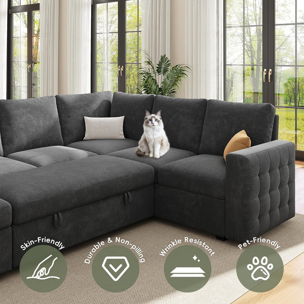 104" Sectional Sleeper Sofa Bed, 7 Seat Pull Out Couch with Storage, Gra...