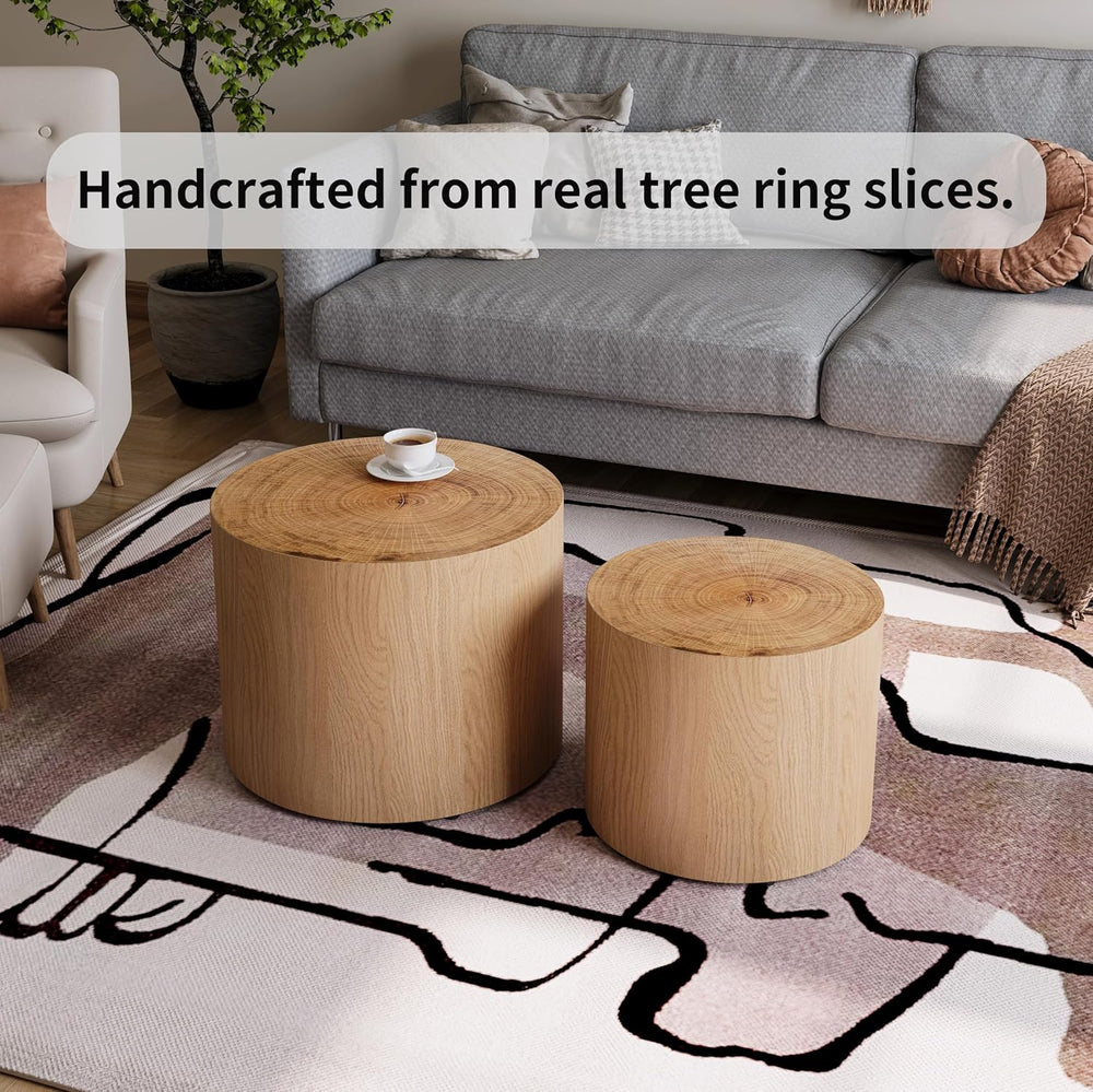 Nesting Coffee Table Set of 2, Modern Round Coffee Table, Wooden Circle Accen...