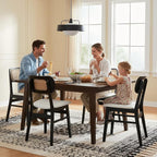 Rattan Dining Chairs Set of 6 Black Wooden Dining Room Chairs White Faux Leather Kitchen Chairs with Back Farmhouse Side Chairs, Natural Wood