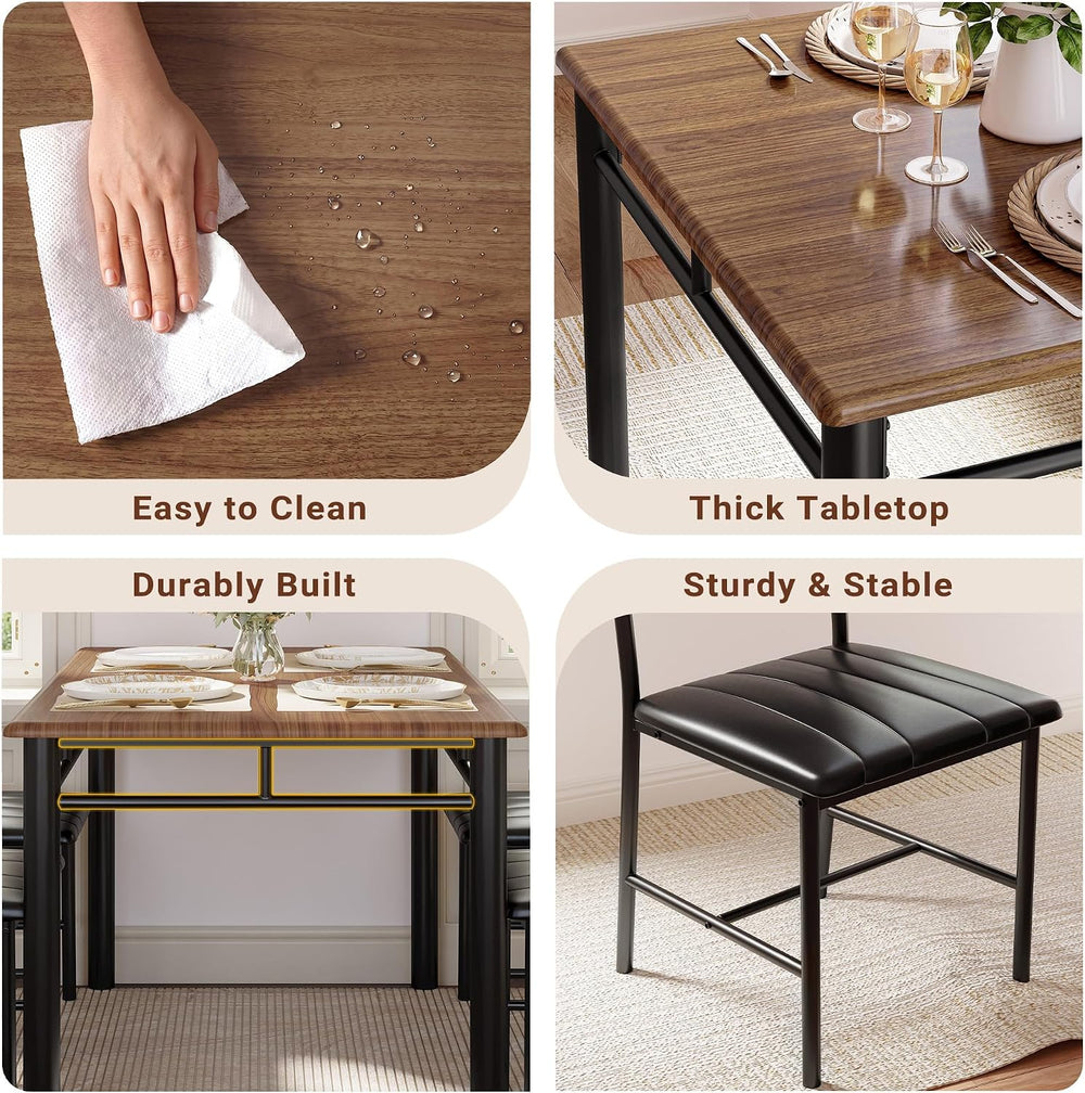IRONCK Dining Table Set for 4, Walnut | Wood Kitchen Table with Upholstered C...