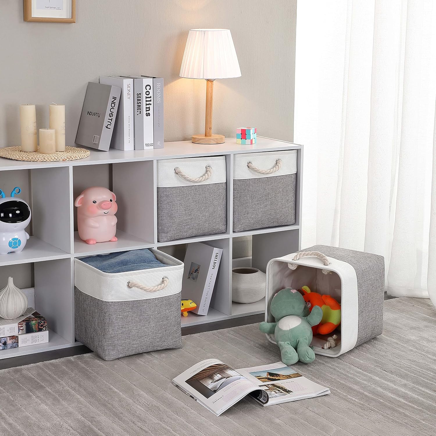 Mangata Fabric Storage Basket, Canvas Cube Storage Boxes 11.8 x 11.8 inch for Cupboards, Shelves, Closet, Grey Whiteï¼ˆ30x30x30cm, 4 Packï¼‰