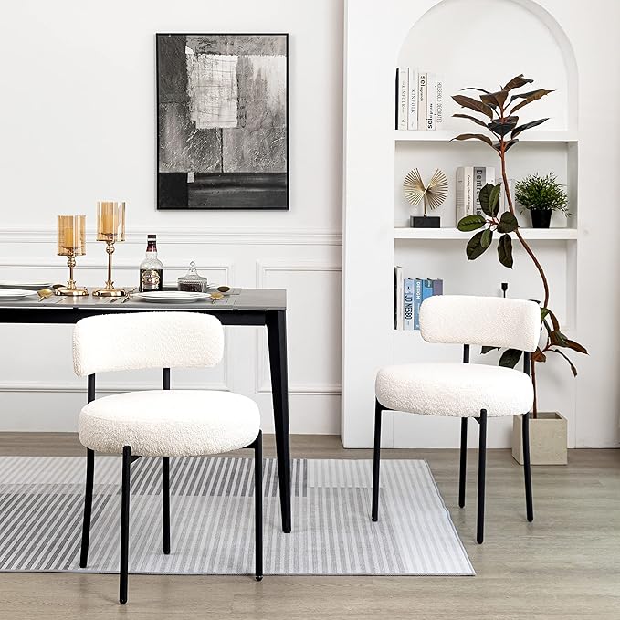 DYHOME White Boucle Dining Chairs Set of 2, Mid Century Modern Kitchen Chairs...
