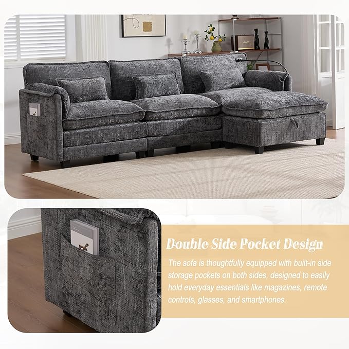 Ball & Cast 109" Oversized Sectional Sofa,Comfy Cloud Couch W/Movable Storage Ottoman,L Shaped Sectional Sofa W/USB Charging Port,Phone Holder&Side Pocke,Chenille Fabric,for Living Room,Gray