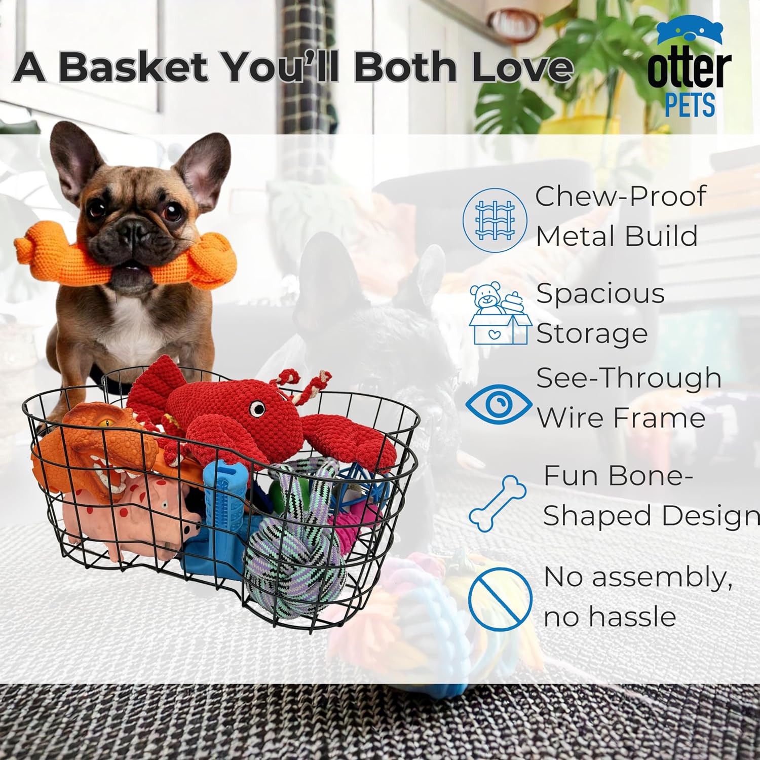 OtterPets Metal Dog Toy Basket, Bone Shaped Indestructible Dog Toy Bin, Sturdy Dog Storage Organizer, Pet Toy Basket, 17 (L) x 13 (W) x 7 (H) inches