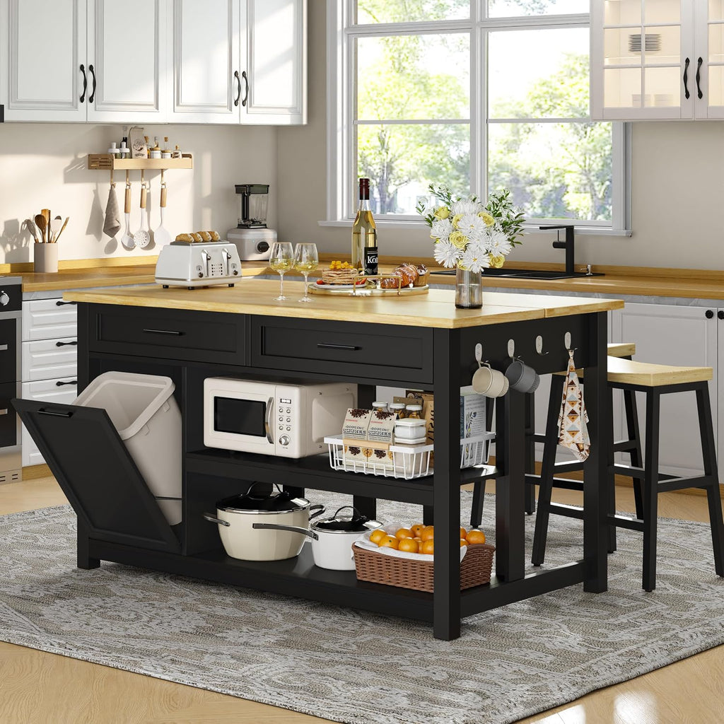DynJest Kitchen Island with Storage and Seating Include 2 Bar Stools, Black | 47" Solid Rubberwood Island Table with Trash Can Storage, Power Outlets, 2 Drawers & Open Shelves Cabinet, Dining Table for 2