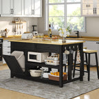 DynJest Kitchen Island with Storage and Seating Include 2 Bar Stools, Black | 47" Solid Rubberwood Island Table with Trash Can Storage, Power Outlets, 2 Drawers & Open Shelves Cabinet, Dining Table for 2