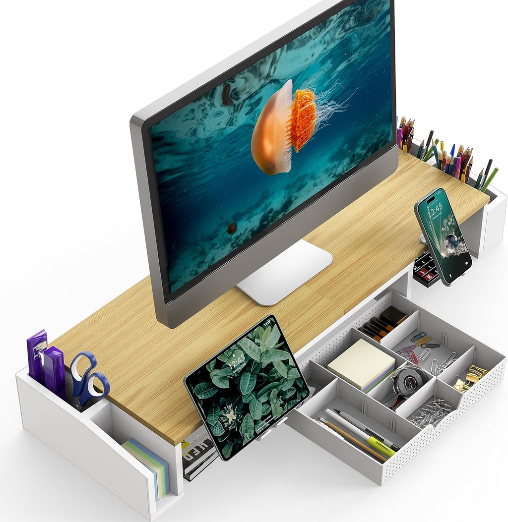 Simple Houseware Desk Dual Monitor Stand Riser with Drawer, Oak