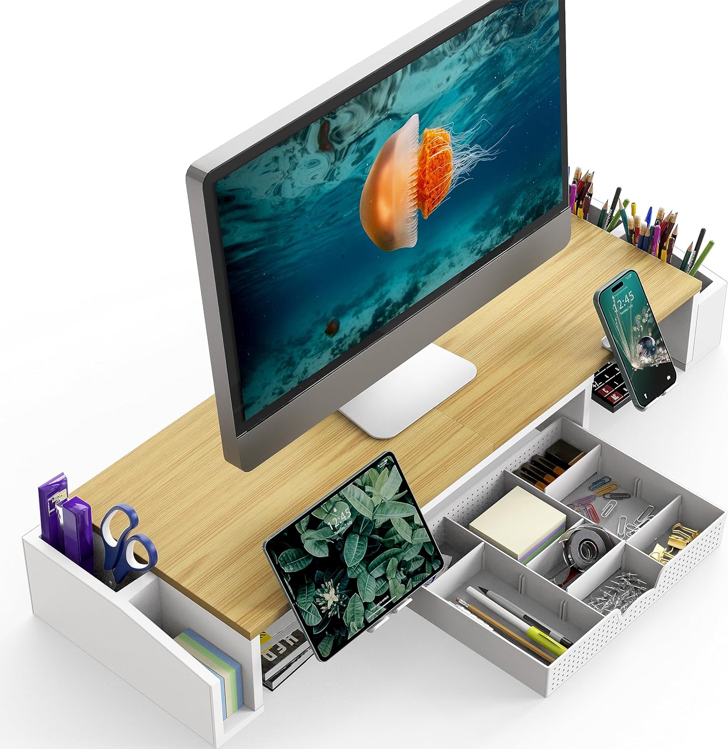 Simple Houseware Desk Dual Monitor Stand Riser with Drawer, Oak