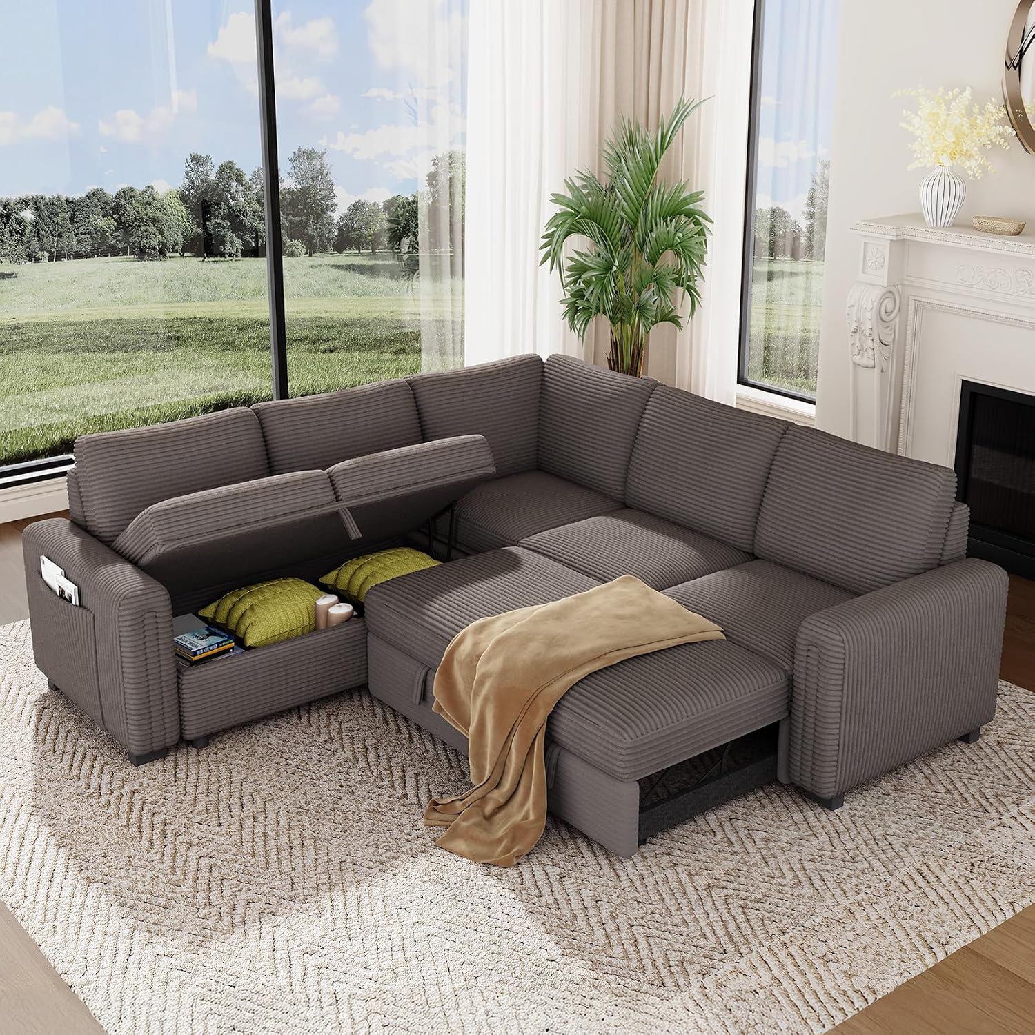 Vesgantti 88.4" Corduroy Sectional Sleeper Sofa with Pull Out Bed, Brown | 5 Seater Modular Couch with Storage, Comfy L Shaped Cloud Couches for Living Room, Bedroom, Apartment, Easy to Assemble