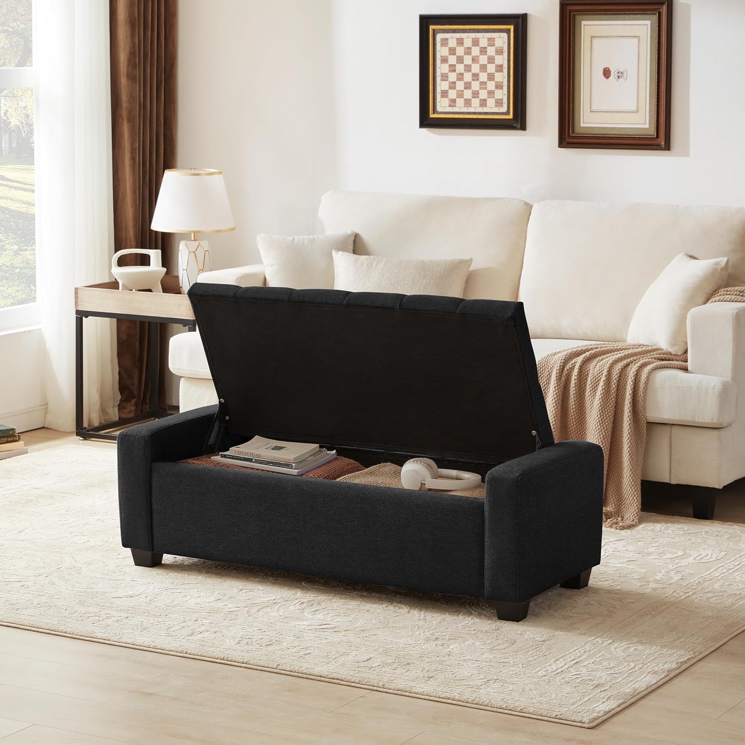 48" Ottoman with Storage, Black Storage Ottoman Bench with Safety Hinge | Upholstered Entryway Bench with Seating for Bedroom, Living Room, Holds up to 330 lb