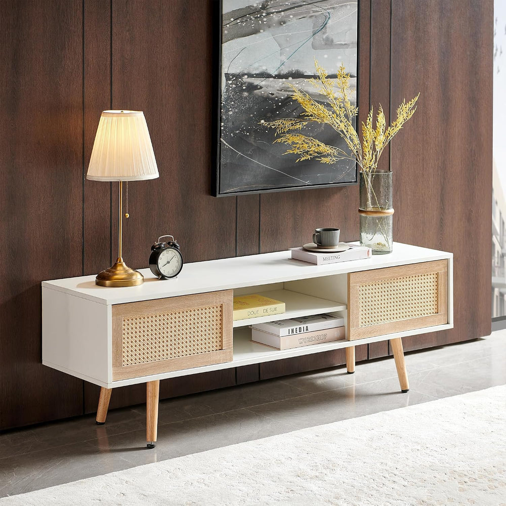 Meihua 55.12" Rattan TV Stand with Sliding Doors, Adjustable Shelves, So...