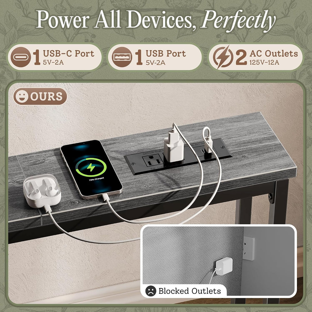 Huuger 110.2 Inch Behind Couch Table with 2 Power Outlets and USB-C Ports, Ex...