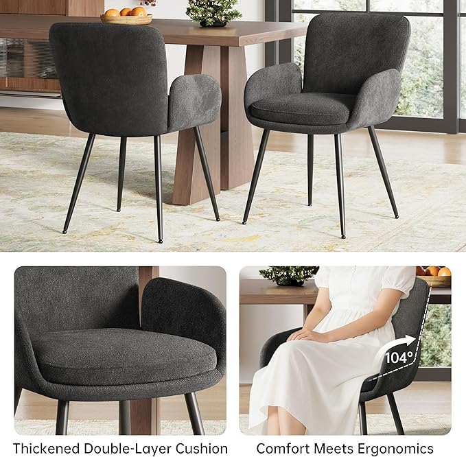 VKNOW Modern Dining Chairs Set of 2, Upholstered Dining Room Chair with Armrest, Kitchen Chairs with Curved Ergonomics Backrest for Living Room, Dining Room, Kitchen, Dark Grey