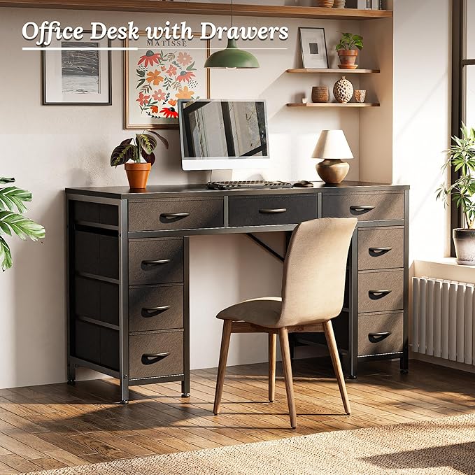 PRAISUN 47 Inch Office Desk with Outlets, Computer Desk with 9 Fabric Drawers, Writing Gaming Work Study Desk for Bedroom, Living Room, Home Office, Large Storage, Black