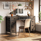 PRAISUN 47 Inch Office Desk with Outlets, Computer Desk with 9 Fabric Drawers, Writing Gaming Work Study Desk for Bedroom, Living Room, Home Office, Large Storage, Black