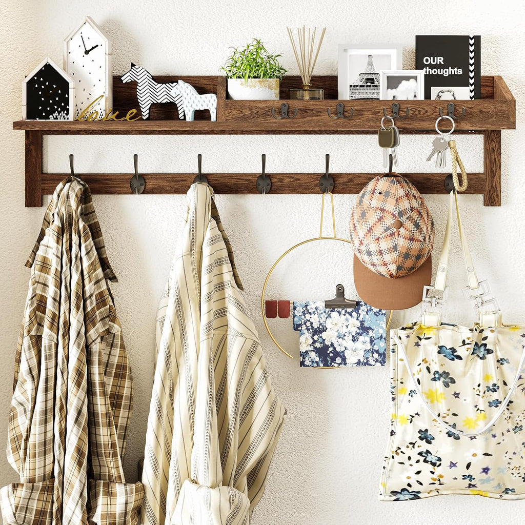 AMBIRD Coat Rack Wall Mount, 35 inch Large Wall Hooks with Shelf, Entryway Shelf with 7 Dual Coat Hooks 4 Key Hooks Mail Organizer, Wooden Coat Hanger and Key Holder Wall Mount