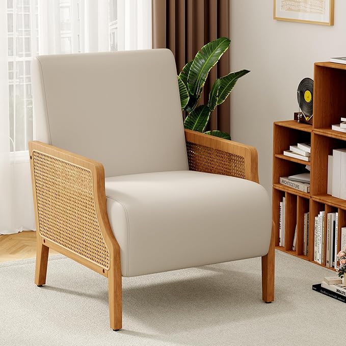 WENTMENT Modern Accent Chair, Armchair with Natural Rattan Armrest, Upholstered Living Room Chair Comfy Single Sofa Chair for Hosting Room/Bedroom,Beige
