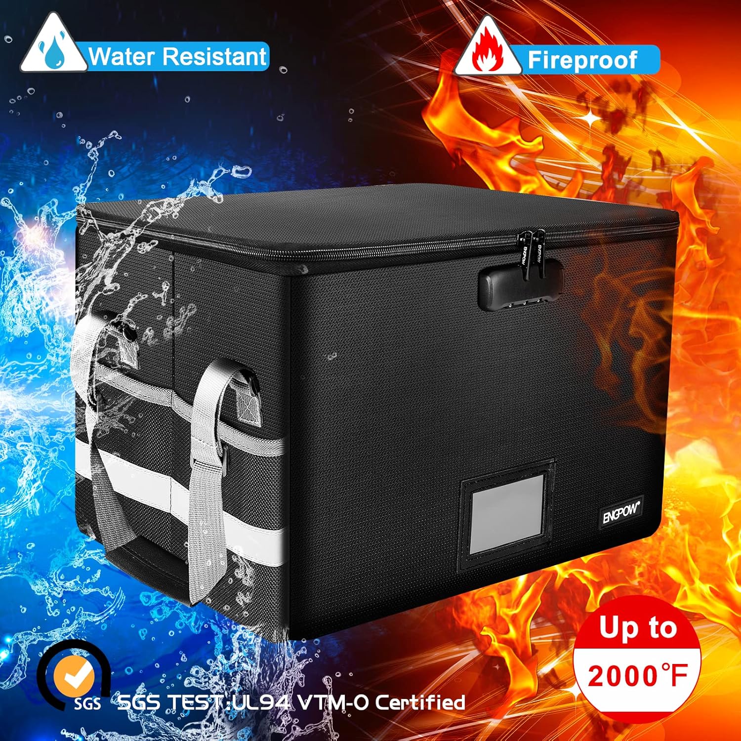 ENGPOW File Box with Lock,Fireproof Document Box with Zipper＆Pockets,Collapsible File Organizer Filing Storage Cabinet with Handle,Portable Home Office Safe for Hanging Letter/Legal Folder,Black