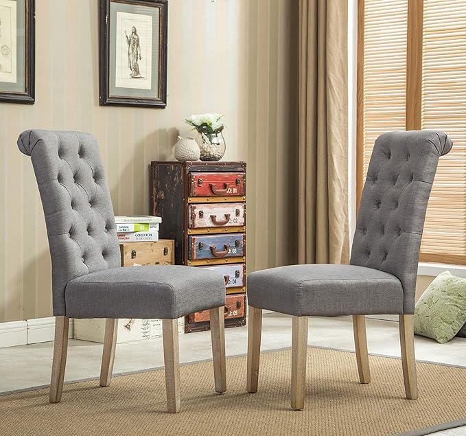 Roundhill Furniture Habit Grey Solid Wood Tufted Parsons Dining Chair (Set of 2), Gray