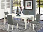 East West Furniture LGDR5-LWH-07 5 Piece Kitchen Table Set for 4 Includes a Rectangle Butterfly Leaf Dining Table and 4 Gray Linen Fabric Upholstered Chairs, 42x84 Inch, Linen White