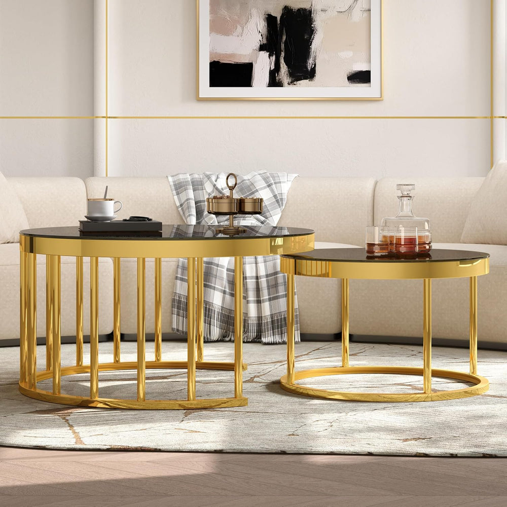 Round Nesting Coffee Table Set of 2 with Gold Frame & Mirrored Top, Black...