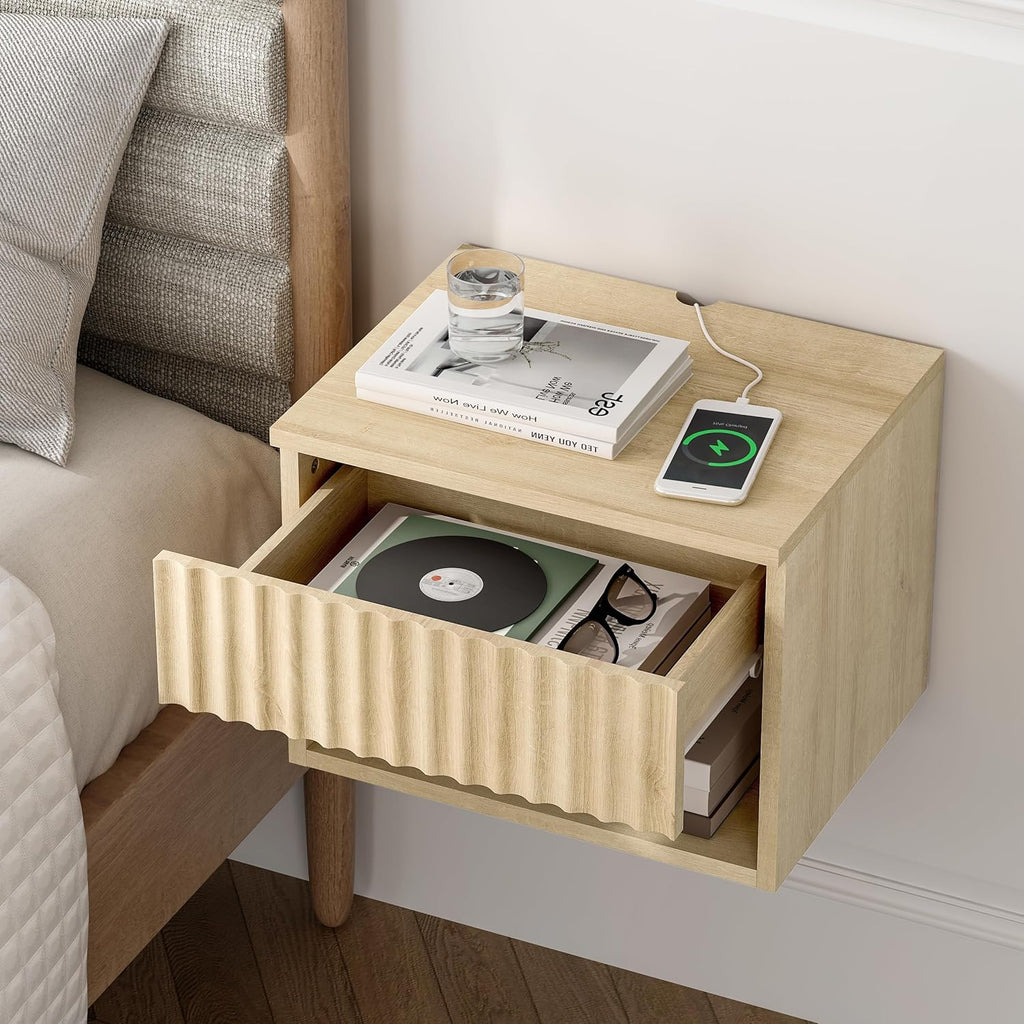 Floating Nightstands Set of 3 with Drawer and Open Shelf, Small Wall Mounted Bedside End Table, Modern Fluted Night Stand for Bedroom, Living Room, Light Oak