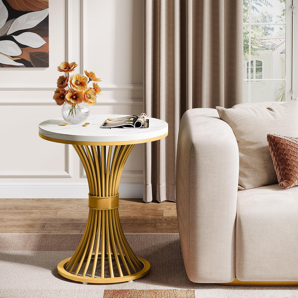 Tribesigns Round End Table, Modern Faux Marble Side Table with Gold Metal Bas...