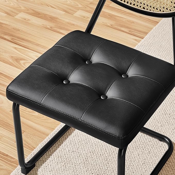 Yaheetech Rattan Dining Chairs Set of 4 Mid Century Modern Dining Room Chairs with Chrome Legs and Rattan Back for Home Kitchen, Faux Leather, Black