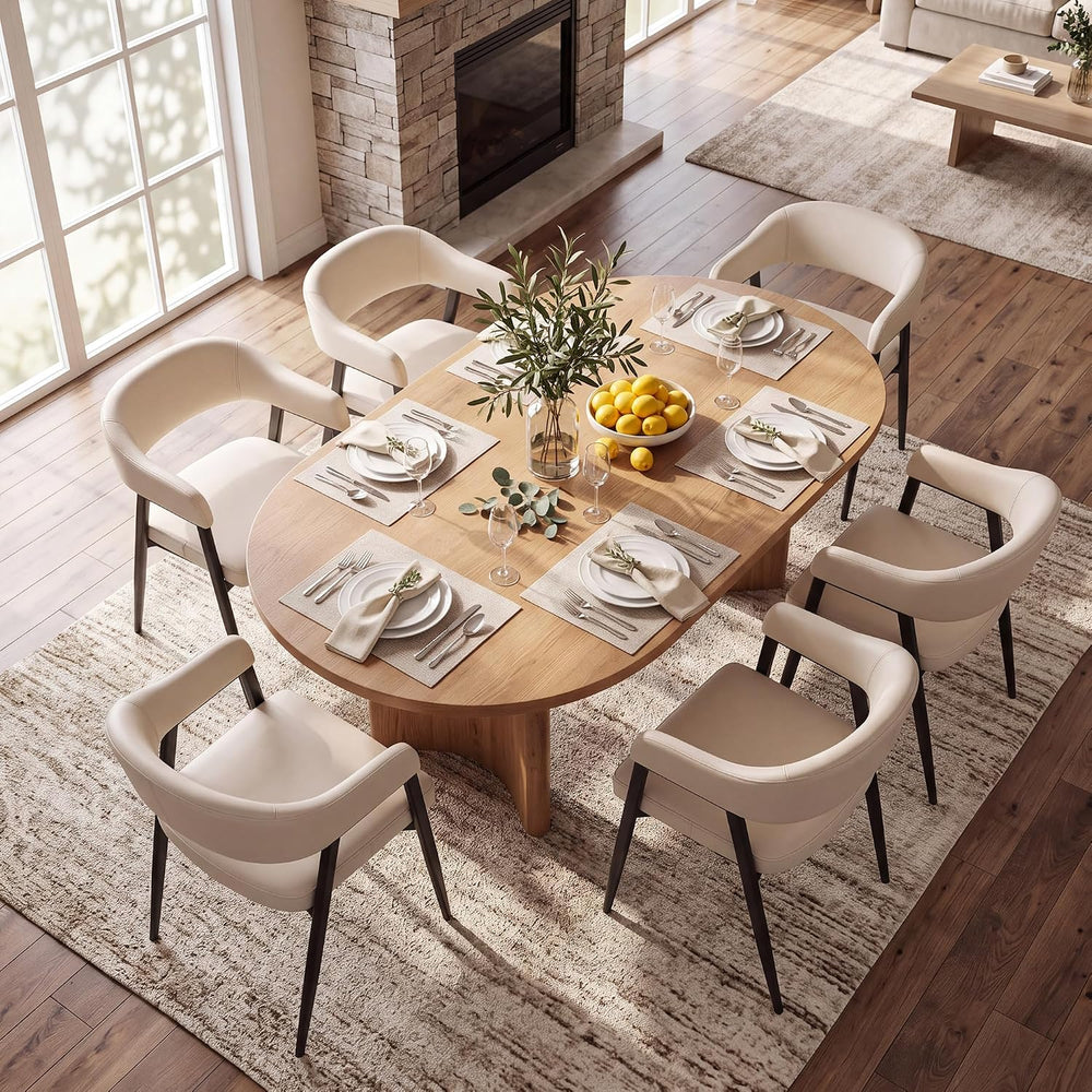 HNY Modern Dining Chairs with Arms Set of 6, Beige Faux Leather Armchairs