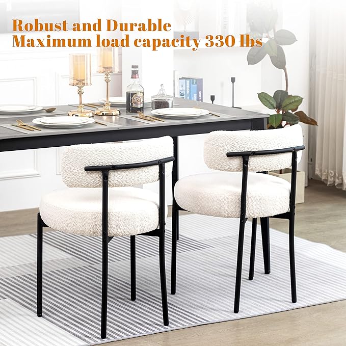DYHOME White Boucle Dining Chairs Set of 2, Mid Century Modern Kitchen Chairs, Upholstered Dining Room Chairs with Curved Backrest and Black Metal Legs