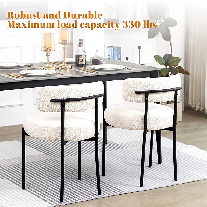 DYHOME White Dining Chair One Chair for Kitchen Dining Room,Upholstered Boucle Dining Chair with Black Metal Legs, Curved Backrest Modern Dining Room Chair