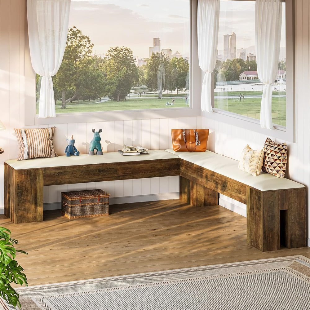 Tribesigns L-Shaped Bench with Cushion, 61-Inch Farmhouse Corner Dining Bench...