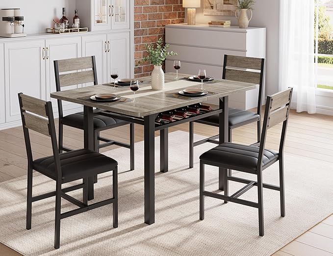 Dining Table Set for 4, Extendable Kitchen Table with 4 PU Leather Upholstered Dining Room Chairs, Wood Kitchen Table Set with Built-in Storage Rack for Dining & Small Spaces, Grey