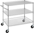 Finnhomy 3 Tier Heavy Duty Commercial Grade Utility Cart, Wire Rolling Cart with Handle Bar, Steel Service Cart with Wheels, Kitchen Carts on Wheels, Metal Cart Shelf Size 24" D x 36" W, NSF, Chrome
