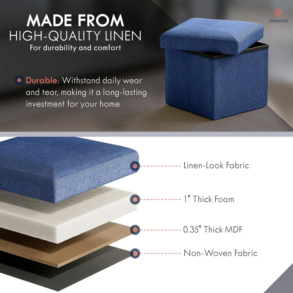 Ornavo Home Small Square Storage Ottoman, Set of 2, 12x12x12, Navy Blue