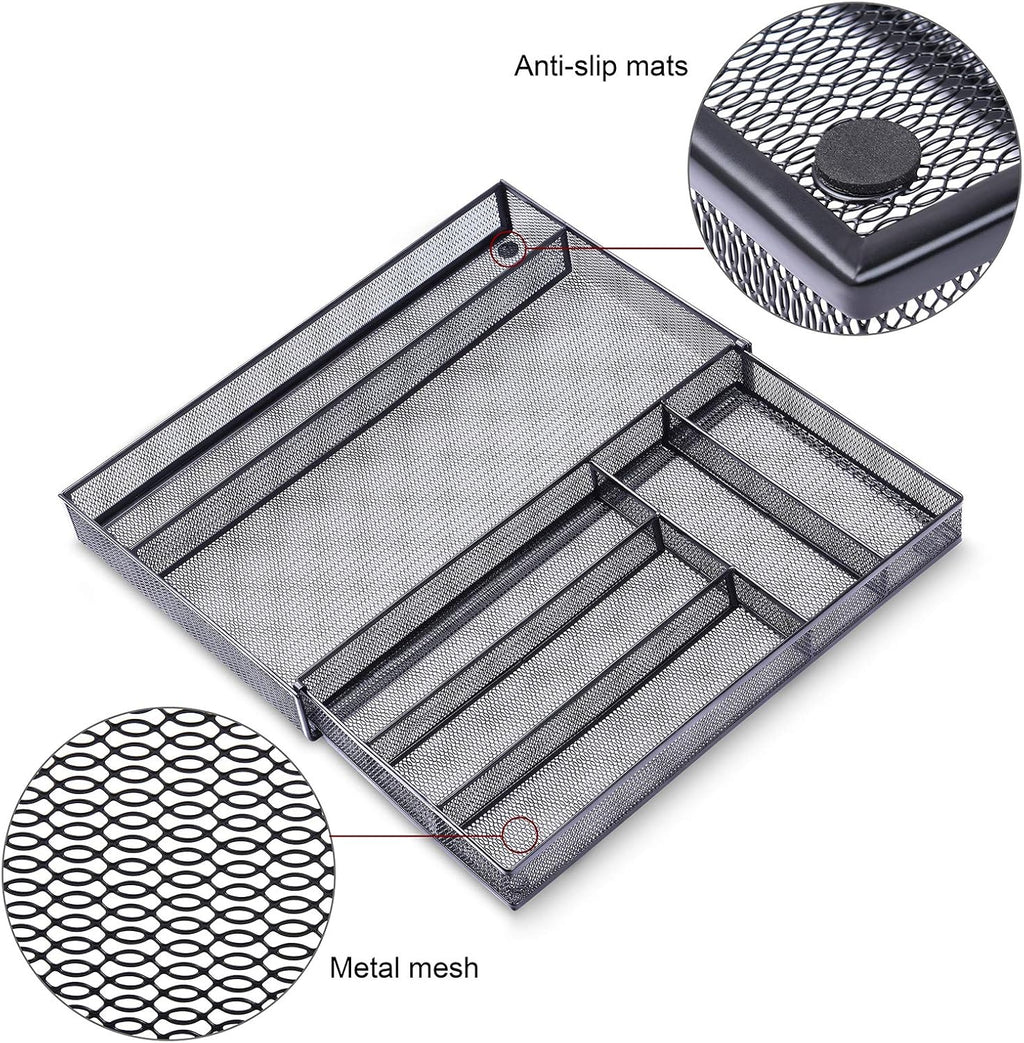 WuGeShop Expandable Office Desk Organizer, 7 compartments Mesh Desk Drawer Organizer Desk Organizer tray, Metal Office Supplies Accessories Storage, Black