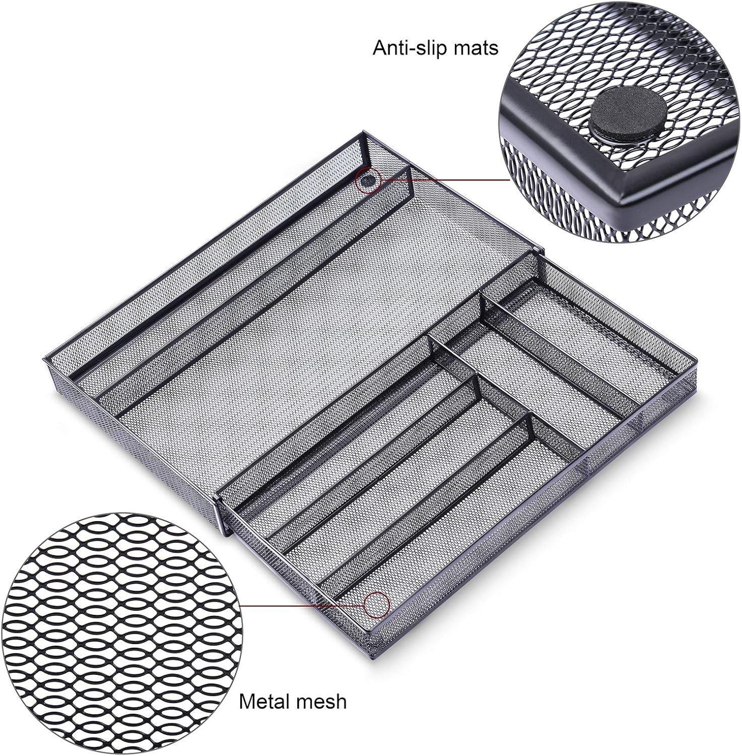 WuGeShop Expandable Office Desk Organizer, 7 compartments Mesh Desk Drawer Organizer Desk Organizer tray, Metal Office Supplies Accessories Storage, Black