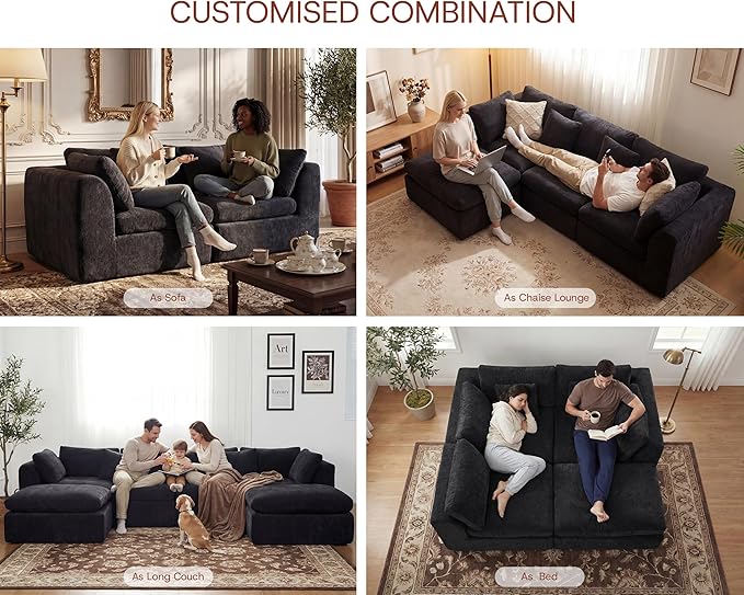 110'' Oversized Cloud Sectional Boneless Couch for Living Room, Modern Big Compressed L Shape Couch with Ottoman & 2 Throw Pillows, Comfy Chenille Deep Seat Memory Foam Spineless 4 Seater Sofa,Black | No Assembly Needed, Premium Chenille, Flexible Modu...