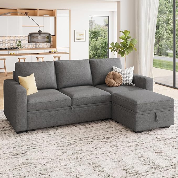 HONBAY Modular Sectional Sleeper Sofa with Pull Out Bed, L Shaped Couch with Storage Seat, Modular Sectional Couches for Living Room - Dark Grey