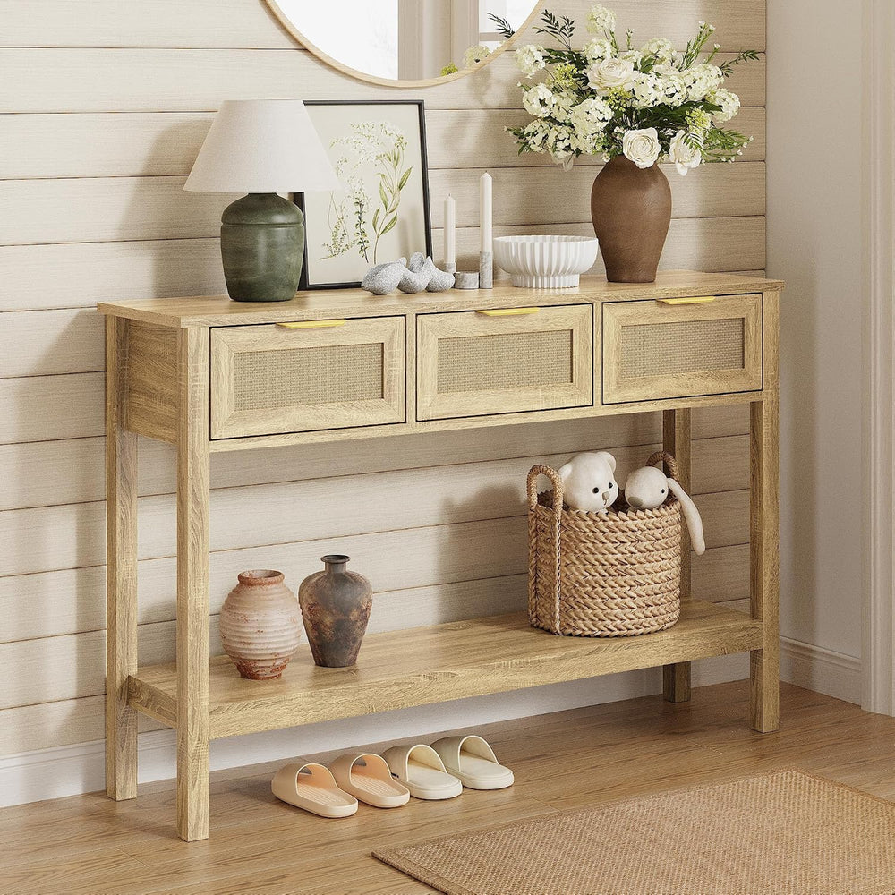 KIGOTY Console Table with Charging Station, Rattan Style Sofa Table Behind Th...