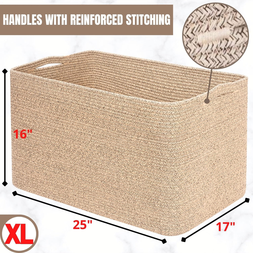 MINTWOOD Design 112L Extra Large Blanket Basket Holder Living Room, 25"x17"x16" Rectangle Rope Woven Storage Basket with Handles for Laundry, Towels, Shoes, Dog Toy Organizer Bin Box, Oatmeal Brown