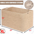 MINTWOOD Design 112L Extra Large Blanket Basket Holder Living Room, 25"x17"x16" Rectangle Rope Woven Storage Basket with Handles for Laundry, Towels, Shoes, Dog Toy Organizer Bin Box, Oatmeal Brown