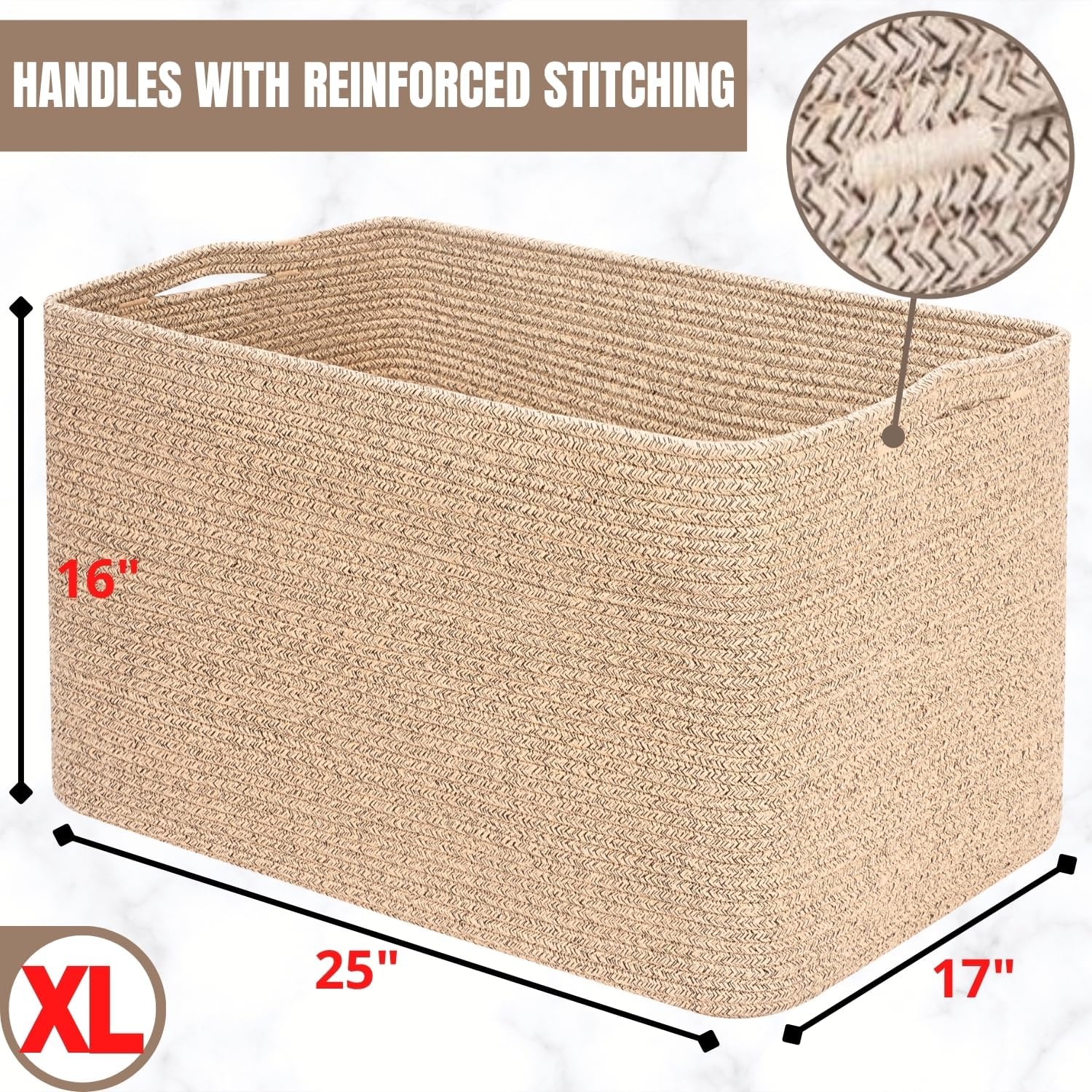 MINTWOOD Design 112L Extra Large Blanket Basket Holder Living Room, 25"x17"x16" Rectangle Rope Woven Storage Basket with Handles for Laundry, Towels, Shoes, Dog Toy Organizer Bin Box, Oatmeal Brown